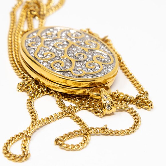 Vtg Butler Fifth Avenue Rhinestones & Enamel Gold Tone Necklace 32" Chain Locket - Picture 11 of 12